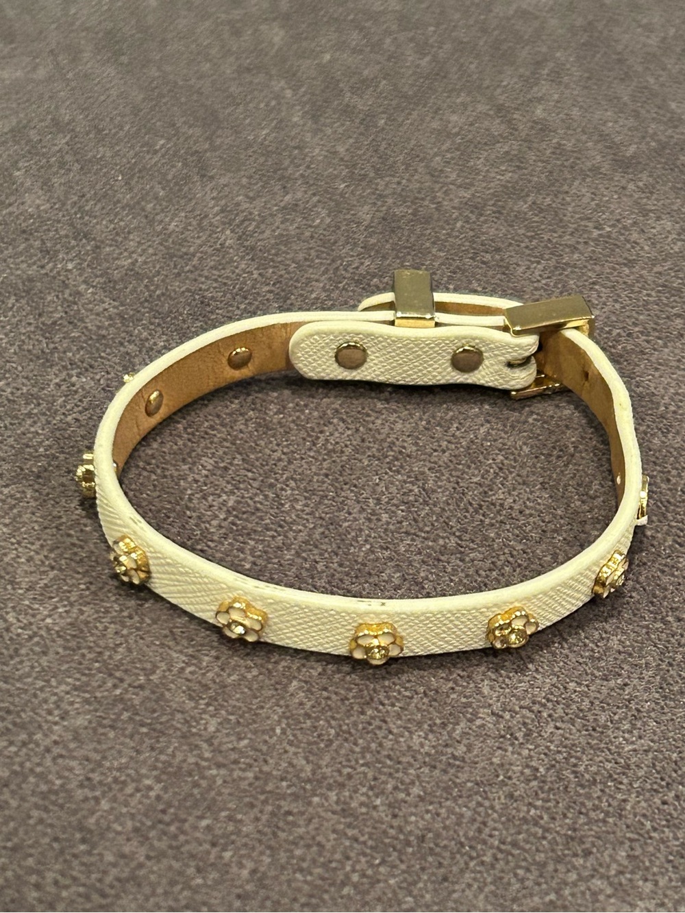Juicy Couture Cream Leather Flower Stud Bracelet with Gold Accents